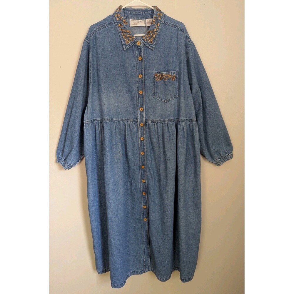 Vintage Plus Size Denim Maxi Dress 3X Cottagecore Embroidery Pockets Soft Washed